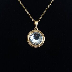 Gold Tone Stainless Steel Round Crystal Pendant Necklace Sparkle Preppy Modern